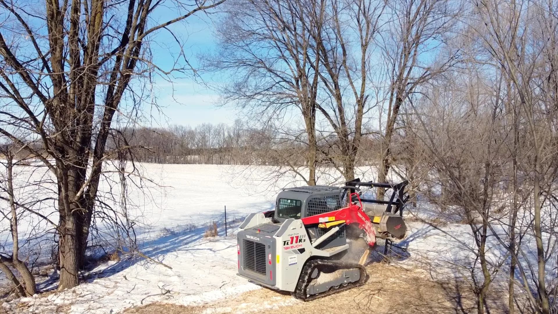 Takeuchi forestry mulcher among trees on a Wisconsin property